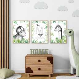 Dinosaur Nursery Prints Set Of 3 Green & Grey Dino Wall Art - thumbnail 1