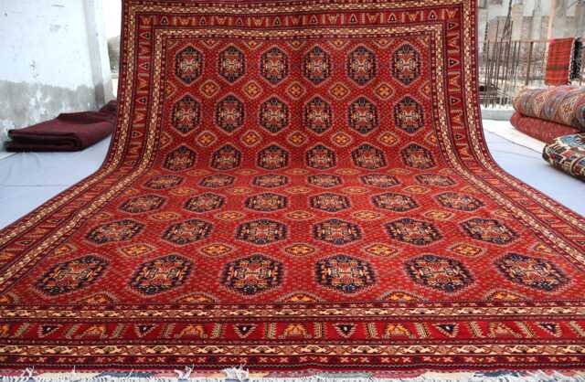 10x13 Large Afghan Geometric Design Samarqand Bukhara Rug, Hand Knotted Wool Area Oriental Orange Rug For Living Room, Bedroom - image 1