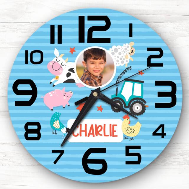 Boys Room Farm Animals Photo Blue Custom Gift Personalised Clock - image 1