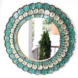 Round Turquoise & Gold Mirror 60cm - Boho Sunburst Wall Handmade Peruvian Decorative Statement