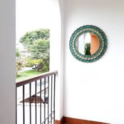 Round Turquoise & Gold Mirror 60cm - Boho Sunburst Wall Handmade Peruvian Decorative Statement - thumbnail 3