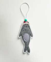 Seal Christmas Decoration, Ornament, Tree, Hanging Bobble Hat, Fabric, Pom Pom, Sleepy Seal, Embroidery Art, Cornwall - thumbnail 2
