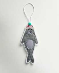 Seal Christmas Decoration, Ornament, Tree, Hanging Bobble Hat, Fabric, Pom Pom, Sleepy Seal, Embroidery Art, Cornwall - thumbnail 3
