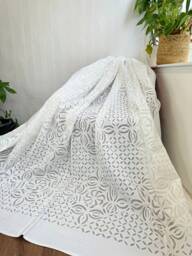 Appliqu?? Cotton Bedcover Sofa Room Throw King Size Dohar- Artisan Indian Handmade Exotic - Elegant White Geometric Country Living - thumbnail 1