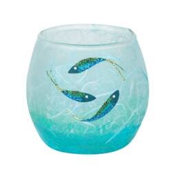 Hand-Painted Fish Vase & Candle Holder Set Aqua Turquoise Strawsilk Glass - thumbnail 3