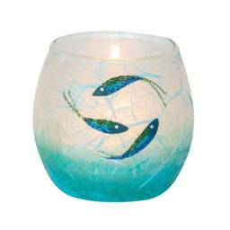 Hand-Painted Fish Vase & Candle Holder Set Aqua Turquoise Strawsilk Glass - thumbnail 4