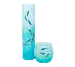 Hand-Painted Fish Vase & Candle Holder Set Aqua Turquoise Strawsilk Glass