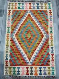 Heritage Aztec Rug, Handmade Artisan Afghan Turkish Scandinavian Navajo Bohemian Flatweave Wool Multicolour Kilim Rug 122x96 cm - thumbnail 1