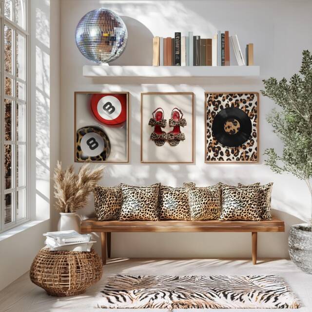 Red Leopard Wall Art Posters Trendy Prints Tiger Lucky 8 Balls Cheetah Stiletto Heels Designer Shoes Vinyl Records, Above The Bed - image 1