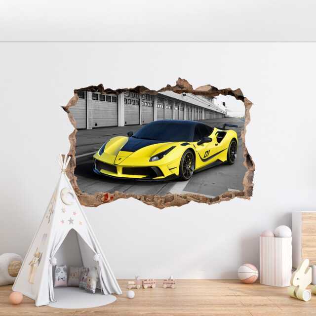 Super Car Wall Decal Sportscar Sticker Print Decor Yellow Racing 3D Vinyl Supercar Art Boy Room - image 1