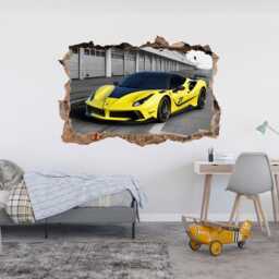 Super Car Wall Decal Sportscar Sticker Print Decor Yellow Racing 3D Vinyl Supercar Art Boy Room - thumbnail 2