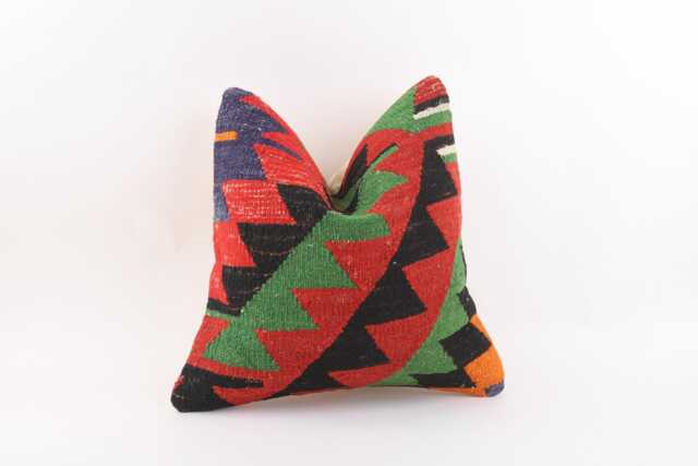 Vintage Turkish Kilim Pillow Cover Handwoven Wool Throw 16x16 - image 1