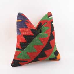 Vintage Turkish Kilim Pillow Cover Handwoven Wool Throw 16x16 - thumbnail 3