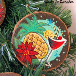 Tropical Wood Slice Christmas Tree Ornament Decoration, Tiki, Flamingo, Pineapple, Cocktails, Hawaiian, Tropical, Polynesian - thumbnail 3