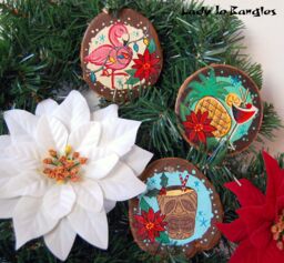 Tropical Wood Slice Christmas Tree Ornament Decoration, Tiki, Flamingo, Pineapple, Cocktails, Hawaiian, Tropical, Polynesian