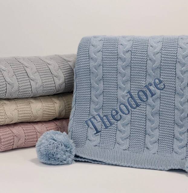 Personalized Cable Knit Baby Blanket With Poms Luxury Nursery Decor - image 1