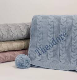 Personalized Cable Knit Baby Blanket With Poms Luxury Nursery Decor - thumbnail 1