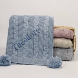 Personalized Cable Knit Baby Blanket With Poms Luxury Nursery Decor - thumbnail 3