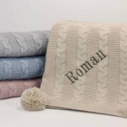 Personalized Cable Knit Baby Blanket With Poms Luxury Nursery Decor - thumbnail 2