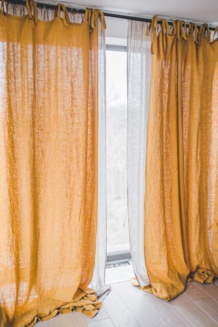 Honey Gold Linen Curtain Panel Tie Top Soft Drape - image 1