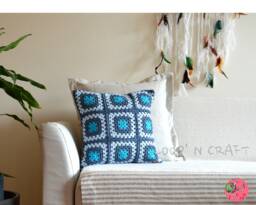 Blue Granny Square Crochet Pillow Cover Retro Home Decor - thumbnail 1