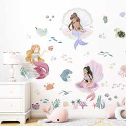 Watercolor Mermaid Wall Decal, Under The Sea Sticker, Animals Nursery Decor, Girl's Room Sticker - thumbnail 3