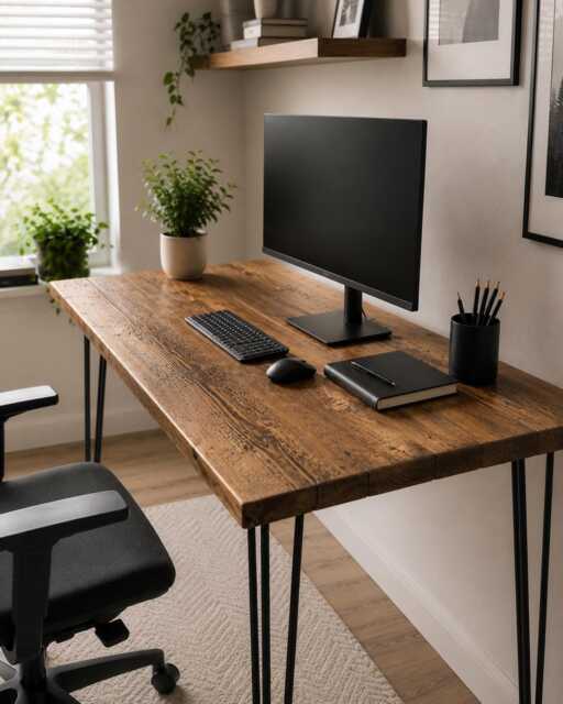 Solid Wood Desk - Handmade Rustic Home Office With UK Steel Hairpin Legs - image 1