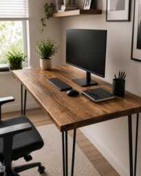 Solid Wood Desk - Handmade Rustic Home Office With UK Steel Hairpin Legs - thumbnail 1