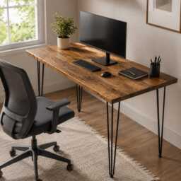 Solid Wood Desk - Handmade Rustic Home Office With UK Steel Hairpin Legs - thumbnail 2