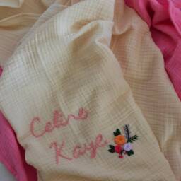 Personalized Hand Embroidered Baby Swaddle - Muslin Blanket With Name - Gift For & Toddler