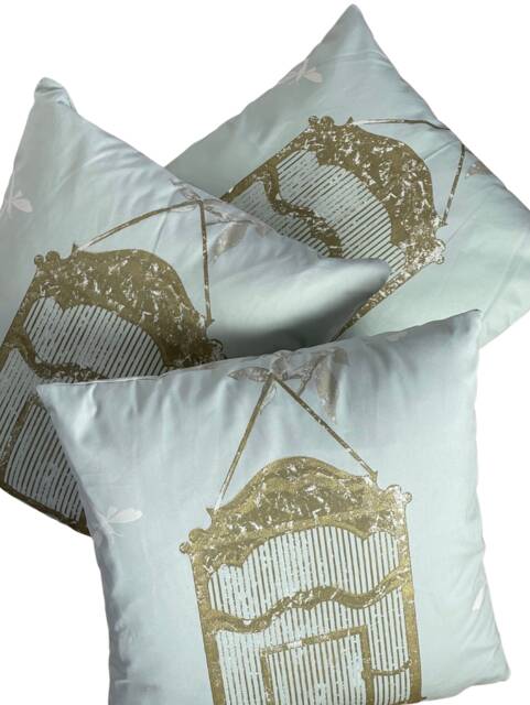 Nina Campbell Fabric Bird Cage Walk Cushion Covers - Set Of 3 Blue & Gold - image 1