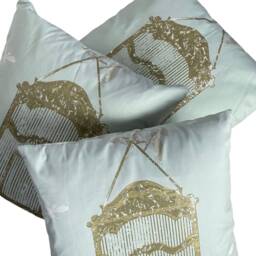 Nina Campbell Fabric Bird Cage Walk Cushion Covers - Set Of 3 Blue & Gold - thumbnail 2