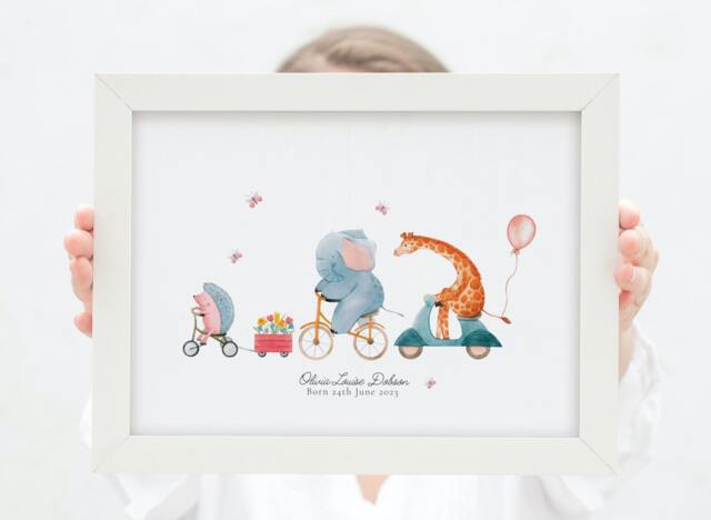 Personalised Safari Animals Print, Including Birth Details, New Baby Gift, Featuring Elephants, Giraffes, Butterflies, Girl - image 1