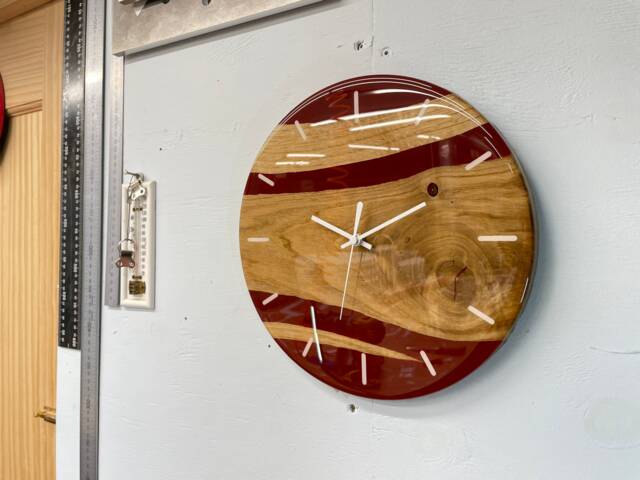 English Oak & Maroon Resin Wall Clock, , Modern Clock, Abstract Unusual Clocks, Unique Clocks - image 1
