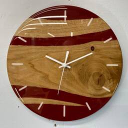 English Oak & Maroon Resin Wall Clock, , Modern Clock, Abstract Unusual Clocks, Unique Clocks - thumbnail 2