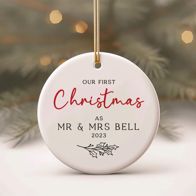 Personalised Couple First Christmas Married Ornament - Our 1st Xmas As Wedding Gift Minimalist Design With Holly - image 1