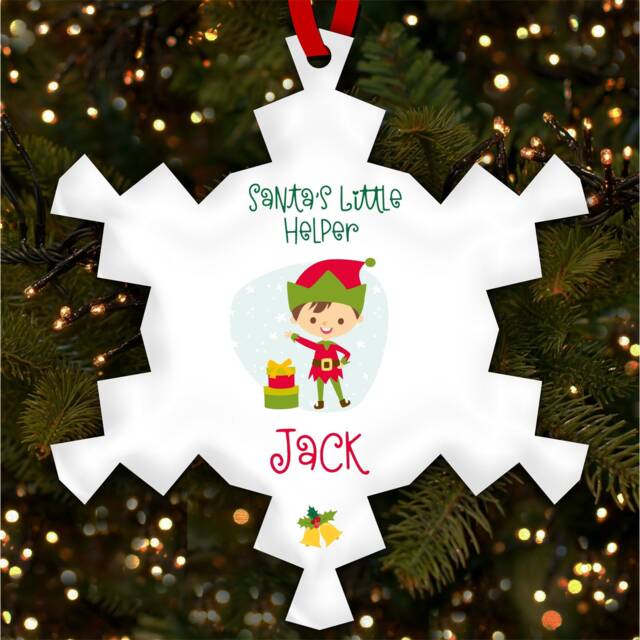 Brown Hair Boy Elf Snowflakes Personalised Christmas Tree Ornament Decoration