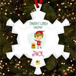 Brown Hair Boy Elf Snowflakes Personalised Christmas Tree Ornament Decoration