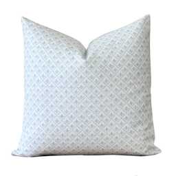Blue & White Block Print Pillow Cover - Neutral Throw Covers Botanical in Soft Tones Custom Size Kira - thumbnail 1