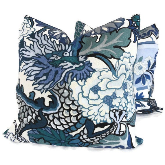 Schumacher Chiang Mai Dragon Pillow Covers China Blue Linen Throw Pillows - Set Of 2 - image 1