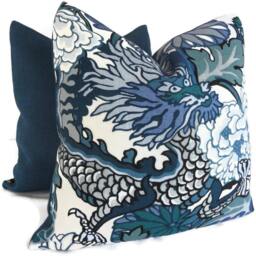 Schumacher Chiang Mai Dragon Pillow Covers China Blue Linen Throw Pillows - Set Of 2 - thumbnail 3
