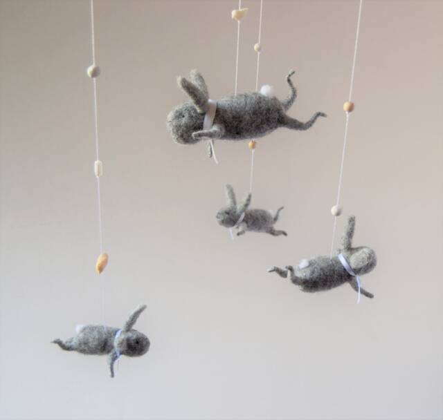 Gray Bunny Mobile, Nursery Baby Crib Blue Mobile - image 1