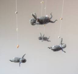 Gray Bunny Mobile, Nursery Baby Crib Blue Mobile - thumbnail 1