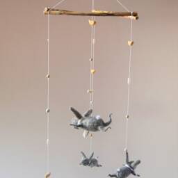 Gray Bunny Mobile, Nursery Baby Crib Blue Mobile - thumbnail 2
