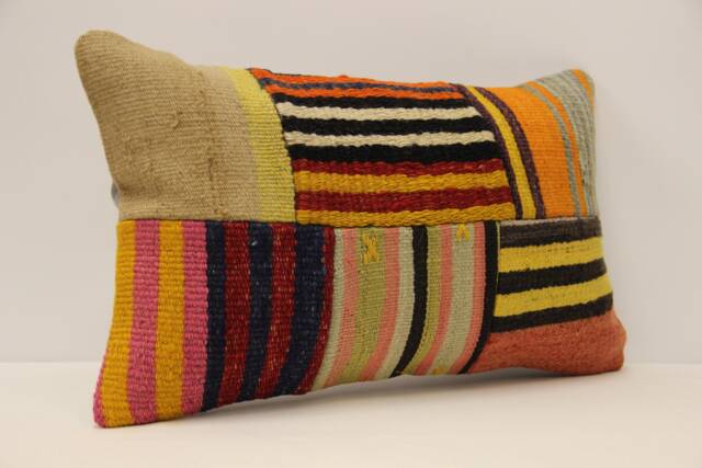 Turkish Kilim Pillow Cover, Patchwork Wool Lumbar Throw - 12x20 In - image 1