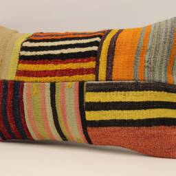 Turkish Kilim Pillow Cover, Patchwork Wool Lumbar Throw - 12x20 In - thumbnail 3