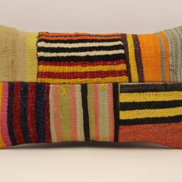 Turkish Kilim Pillow Cover, Patchwork Wool Lumbar Throw - 12x20 In - thumbnail 2