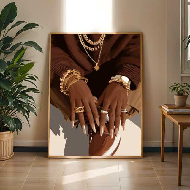 Black Woman Art Print, Gold Jewelry Hands Illustration, Afrocentric Decor - Poster Only - image 1