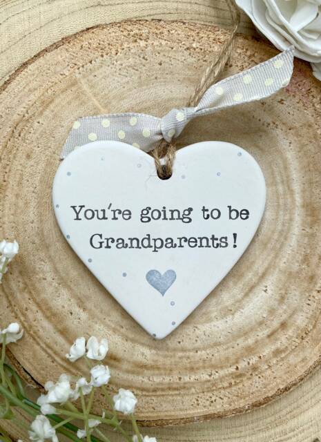 Personalized Grandparents Pregnancy Announcement Hand Stamped Ceramic Heart Keepsake - image 1
