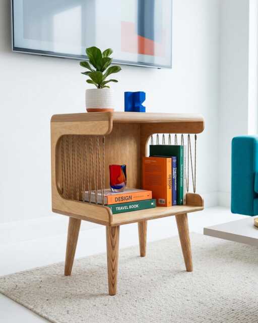 Mid Century Plywood Bedside Table With Cord Sides, Handmade Wooden Nightstand, Scandinavian Side Table, Modern Storage Cabinet - image 1